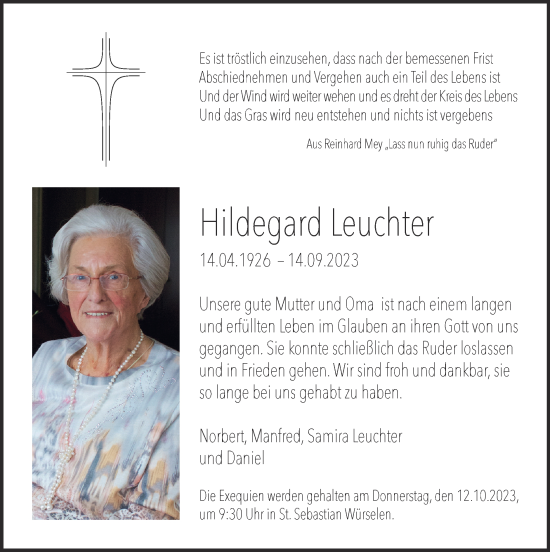 Traueranzeige von Hildegard Leuchter von Zeitung am Sonntag