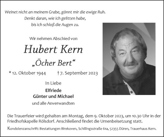 Traueranzeige von Hubert Kern von Zeitung am Sonntag