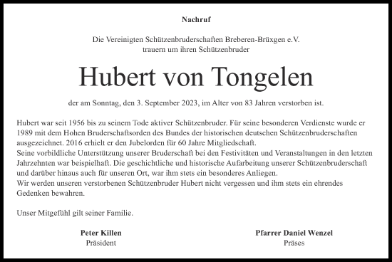 Traueranzeige von Hubert von Tongelen von Zeitung am Sonntag