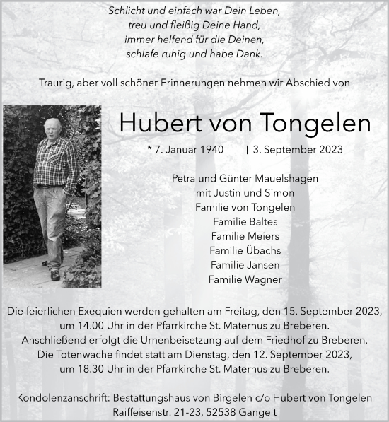 Traueranzeige von Hubert von Tongelen von Zeitung am Sonntag