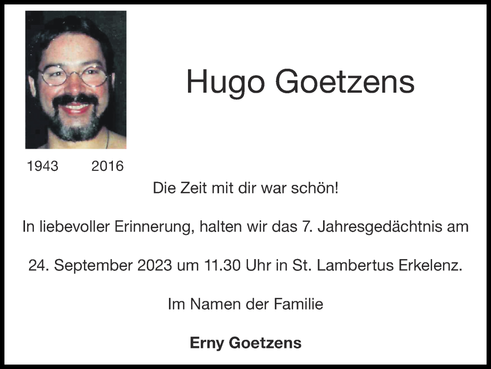 Traueranzeige für Hugo Goetzens vom 17.09.2023 aus Zeitung am Sonntag