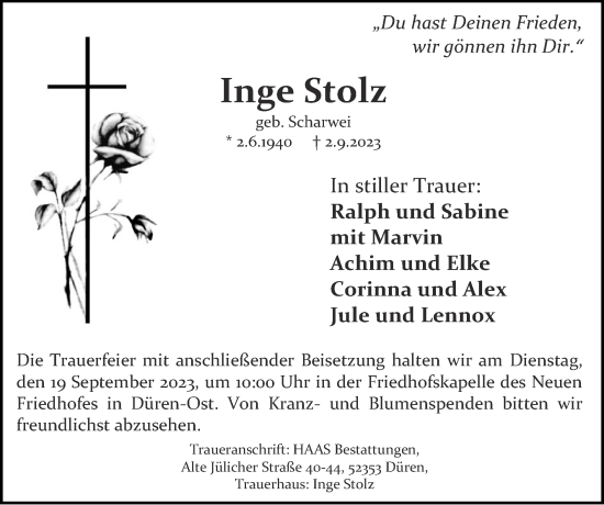 Traueranzeige von Inge Stolz von Zeitung am Sonntag