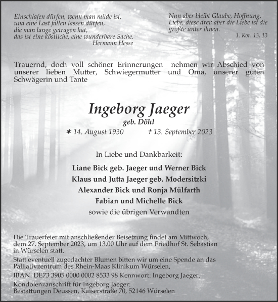 Traueranzeige von Ingeborg Jaeger von Zeitung am Sonntag