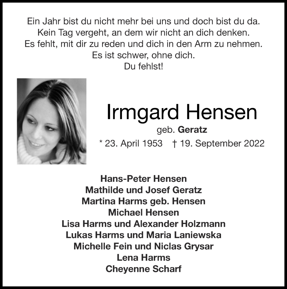  Traueranzeige für Irmgard Hensen vom 17.09.2023 aus Zeitung am Sonntag
