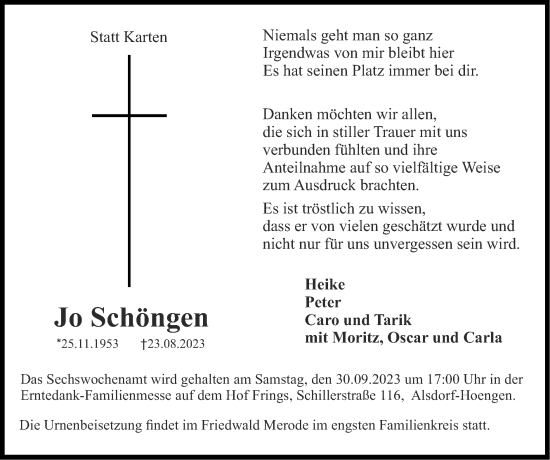 Traueranzeige von Jo Schöngen von Zeitung am Sonntag