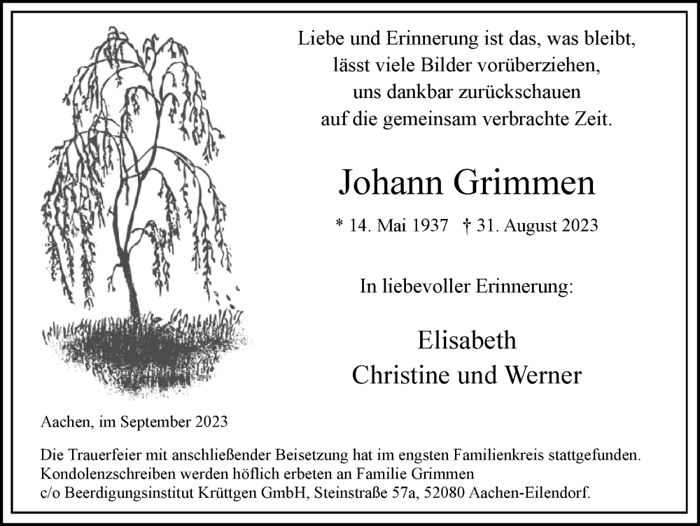  Traueranzeige für Johann Grimmen vom 17.09.2023 aus Zeitung am Sonntag
