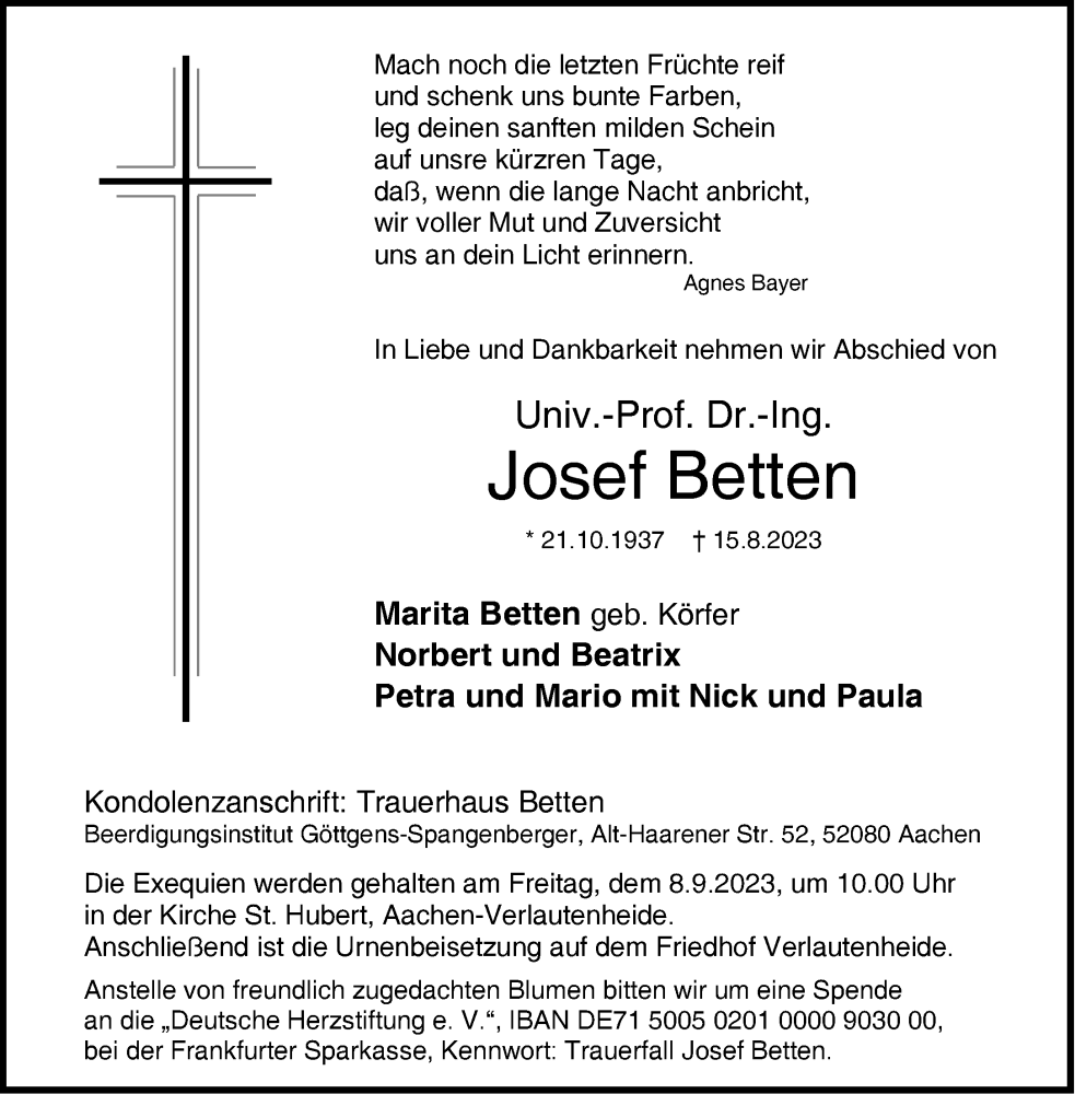  Traueranzeige für Josef Betten vom 02.09.2023 aus Aachener Zeitung