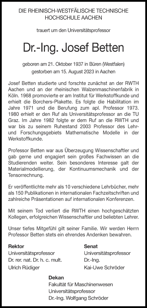  Traueranzeige für Josef Betten vom 02.09.2023 aus Aachener Zeitung