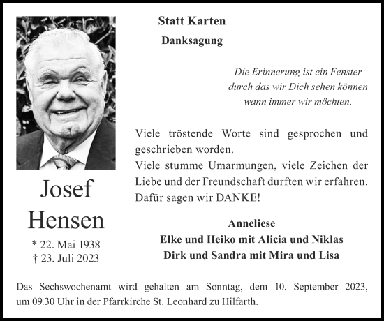 Traueranzeige von Josef Hensen von Zeitung am Sonntag