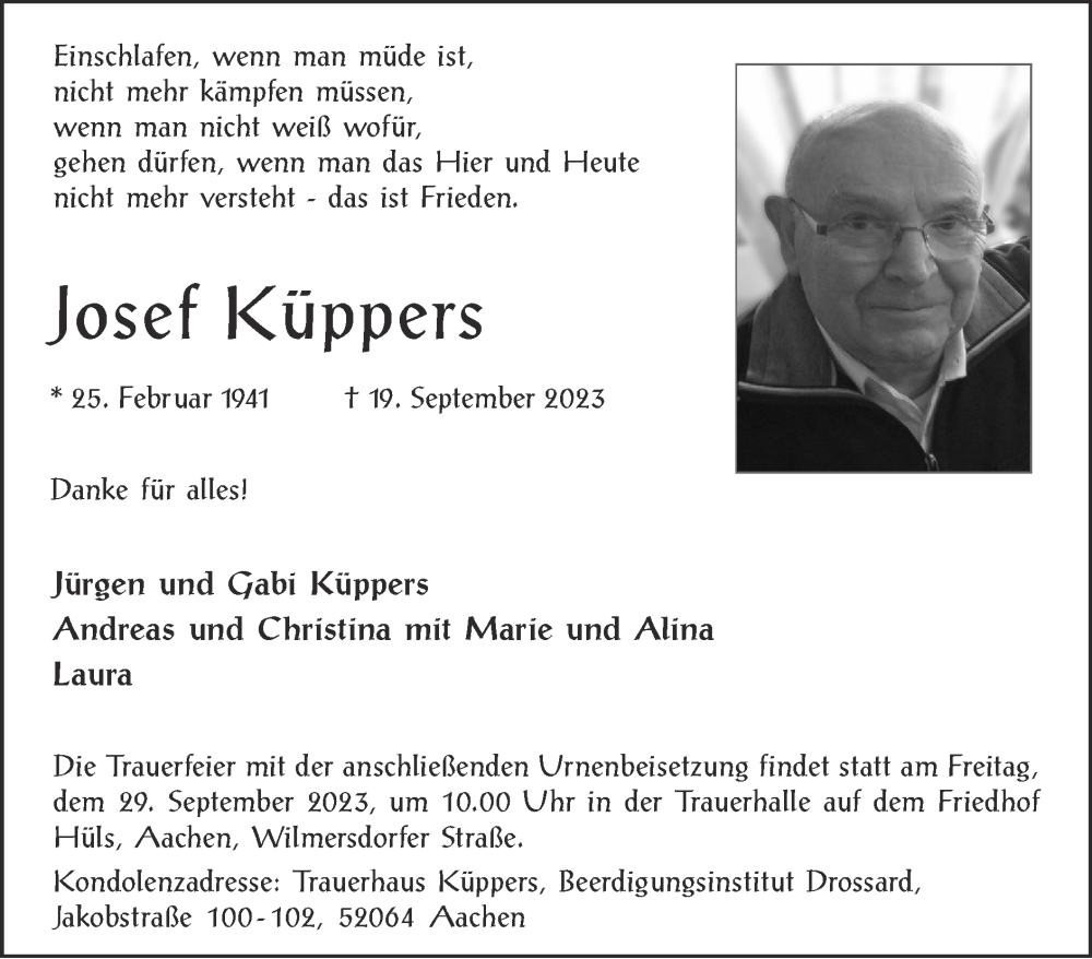  Traueranzeige für Josef Küppers vom 24.09.2023 aus Zeitung am Sonntag