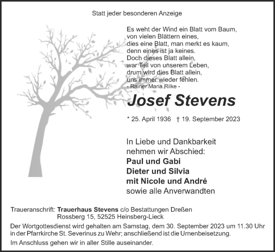 Traueranzeige von Josef Stevens von Zeitung am Sonntag