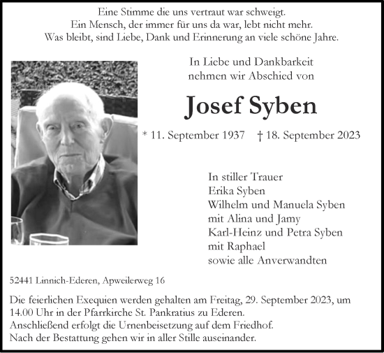 Traueranzeige von Josef Syben von Zeitung am Sonntag