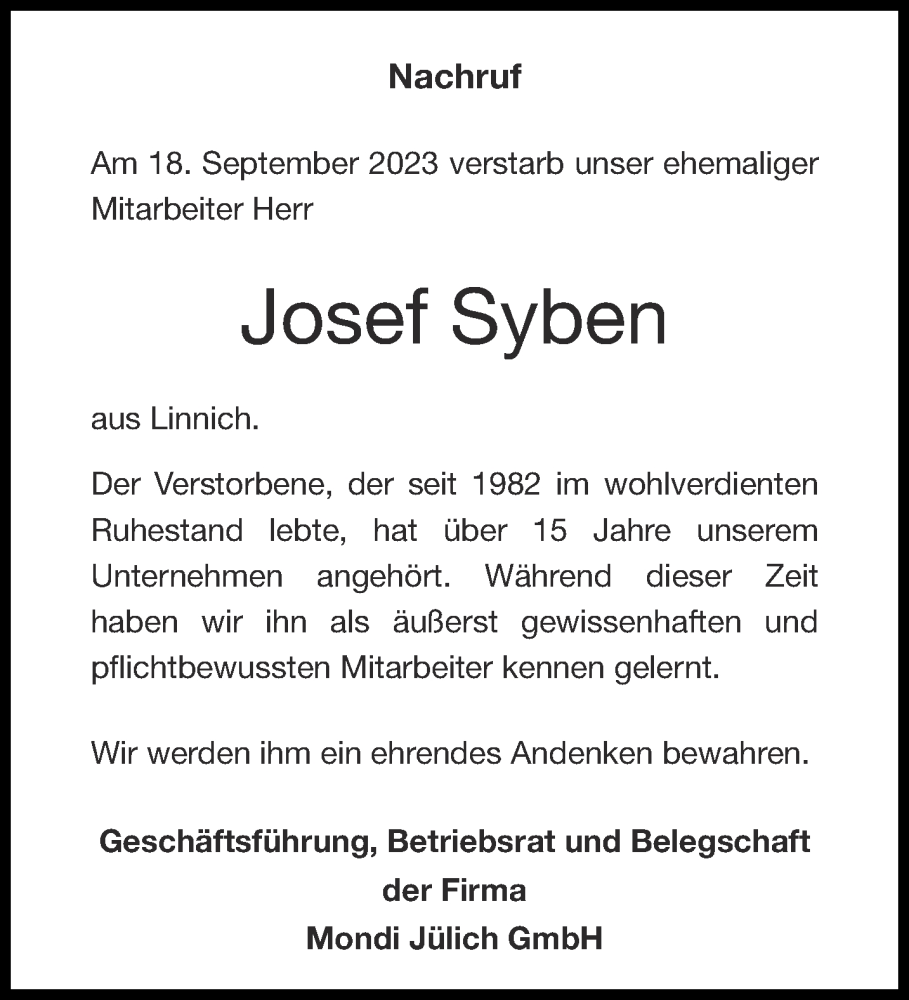  Traueranzeige für Josef Syben vom 30.09.2023 aus Aachener Zeitung