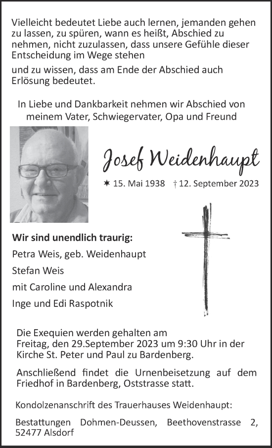 Traueranzeige von Josef Weidenhaupt von Zeitung am Sonntag
