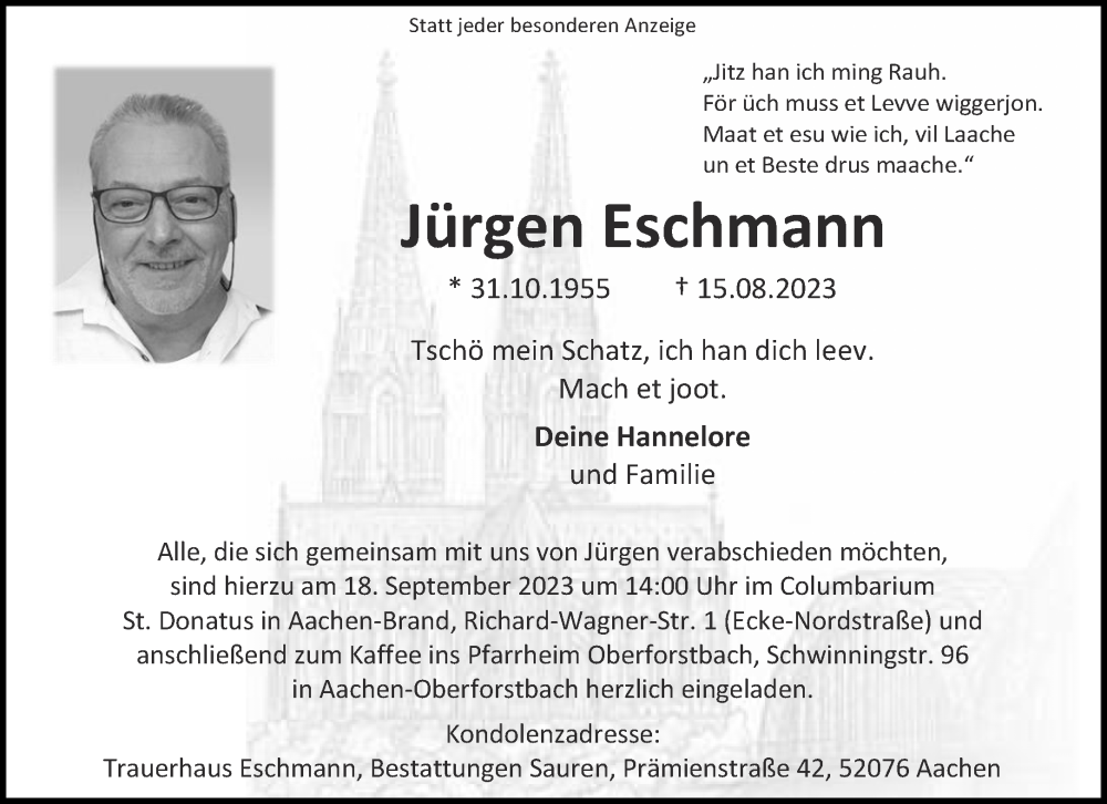  Traueranzeige für Jürgen Eschmann vom 02.09.2023 aus Aachener Zeitung