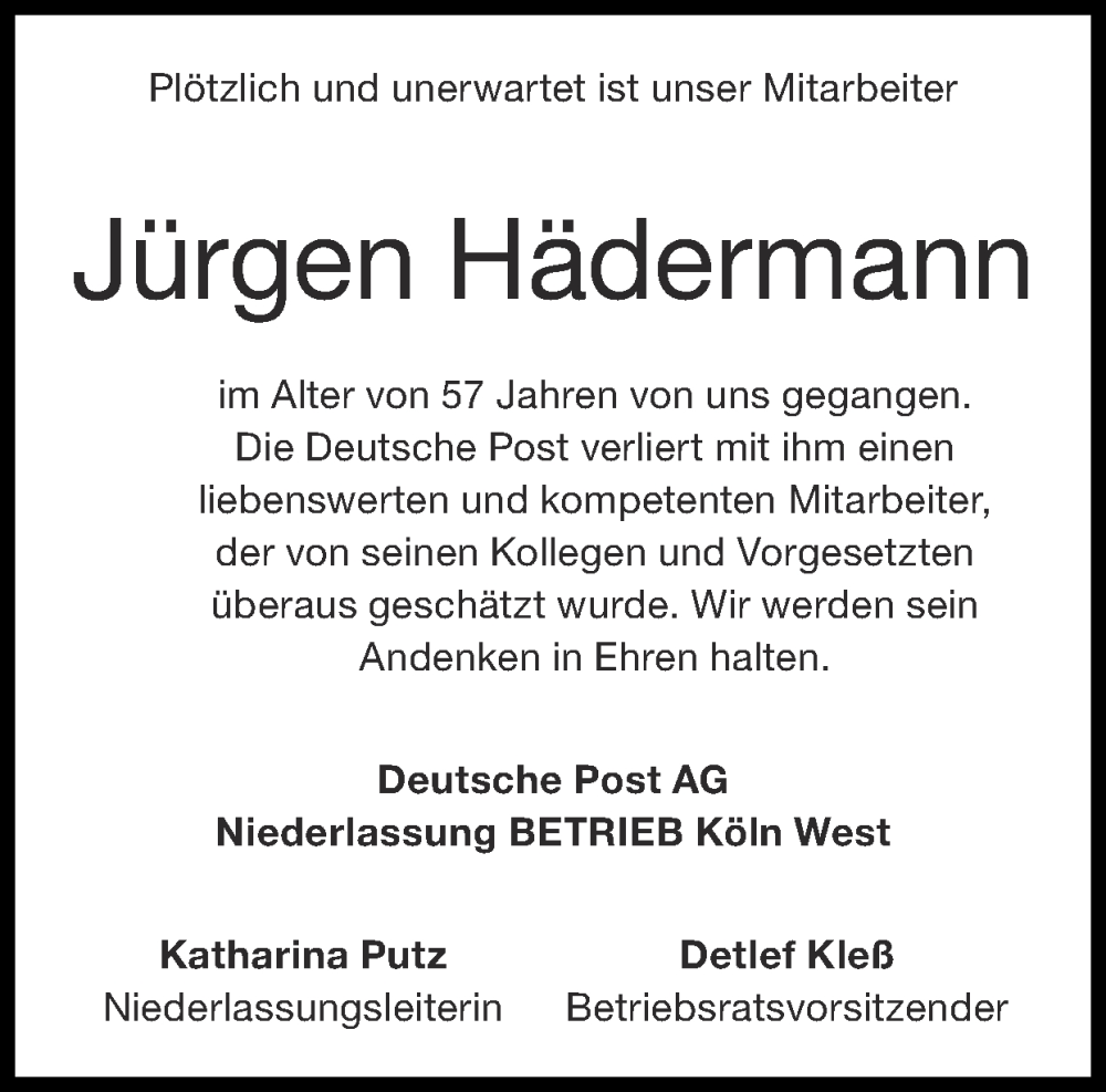  Traueranzeige für Jürgen Hädermann vom 17.09.2023 aus Zeitung am Sonntag