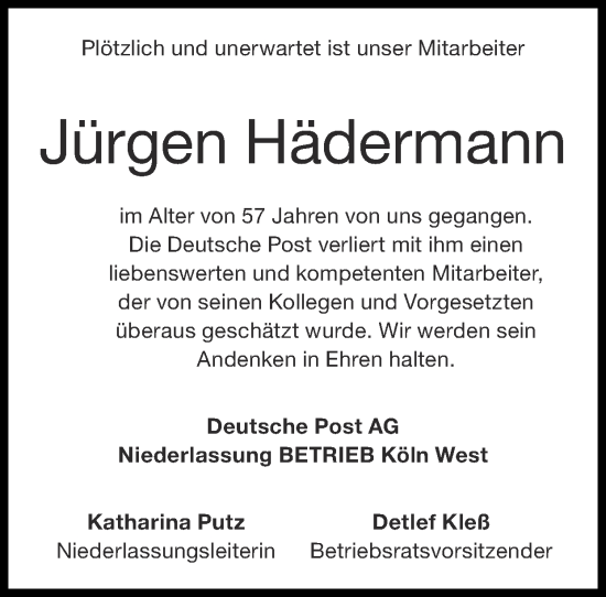 Traueranzeige von Jürgen Hädermann von Zeitung am Sonntag