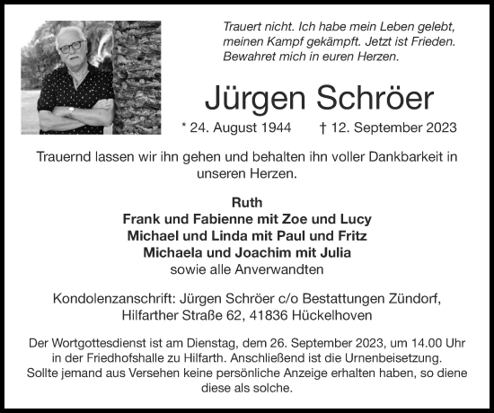 Traueranzeige von Jürgen Schröer von Zeitung am Sonntag