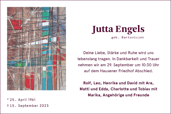 Traueranzeige von Jutta Engels von Zeitung am Sonntag