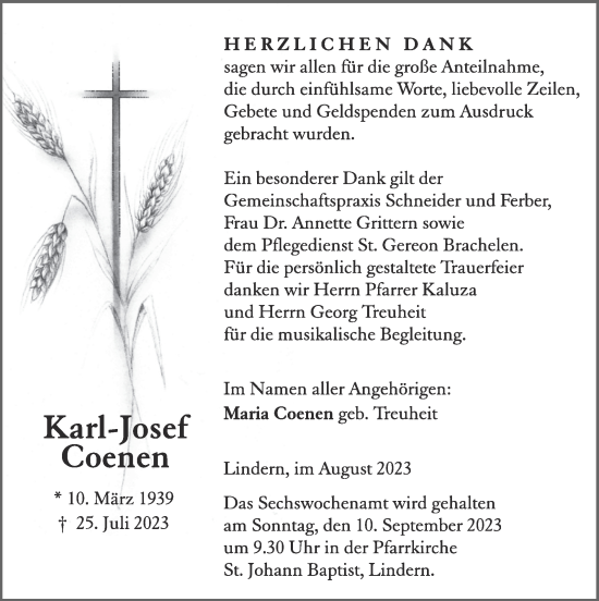 Traueranzeige von Karl-Josef Coenen von Zeitung am Sonntag