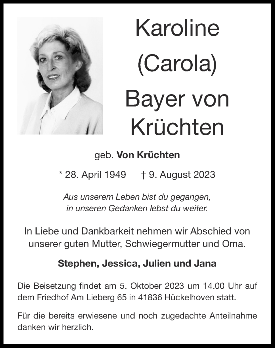 Traueranzeige von Karoline Bayer von Krüchten von Zeitung am Sonntag