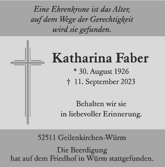Traueranzeige von Katharina Faber von Zeitung am Sonntag