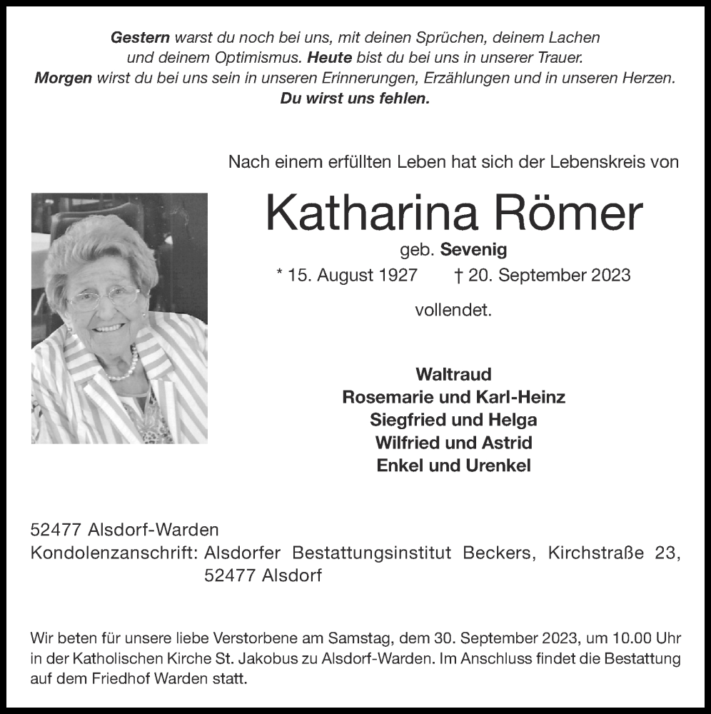  Traueranzeige für Katharina Römer vom 24.09.2023 aus Zeitung am Sonntag
