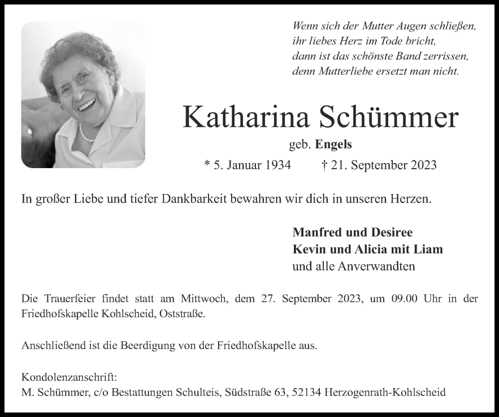  Traueranzeige für Katharina Schümmer vom 24.09.2023 aus Zeitung am Sonntag