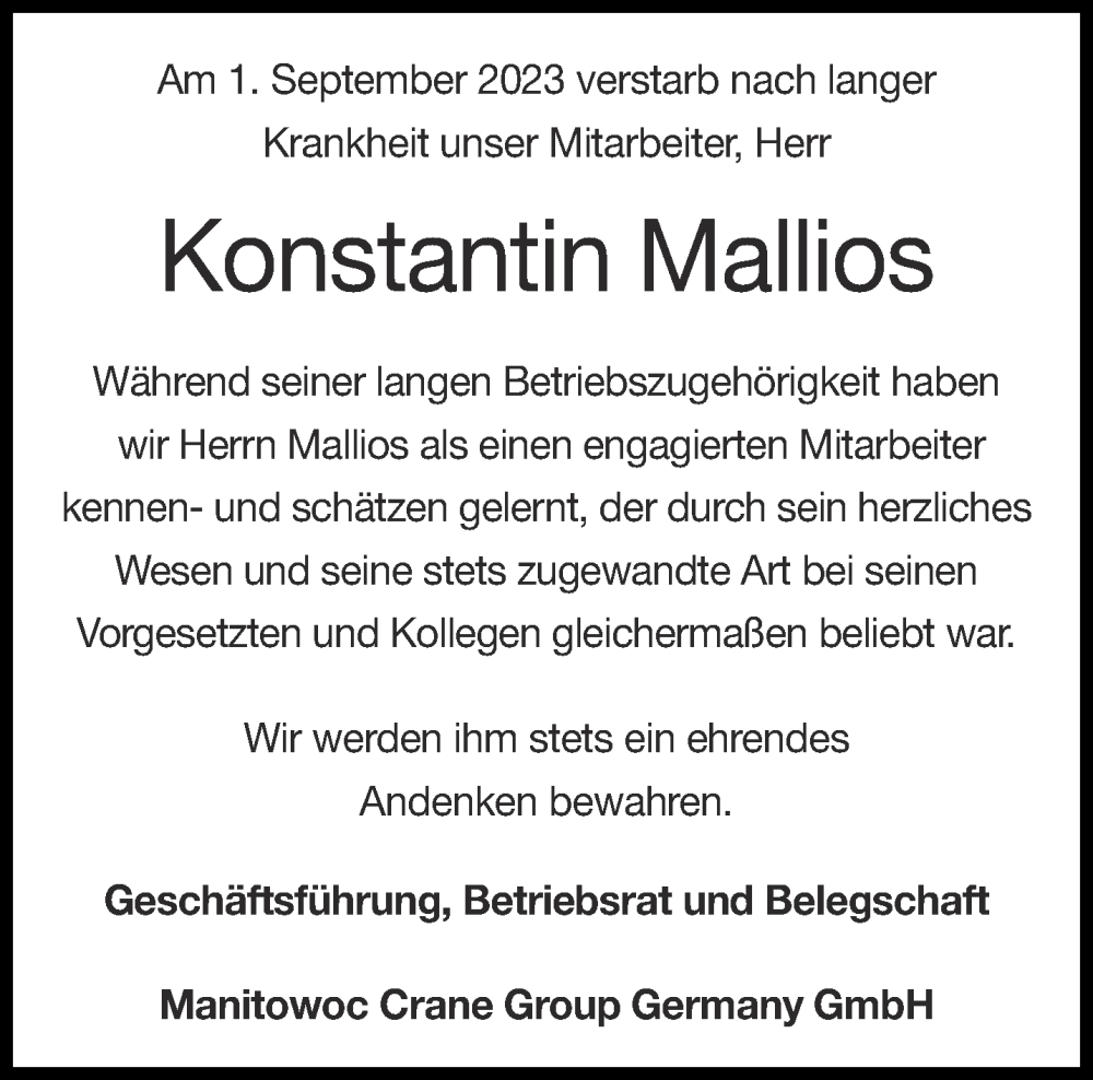  Traueranzeige für Konstantin Mallios vom 16.09.2023 aus Aachener Zeitung