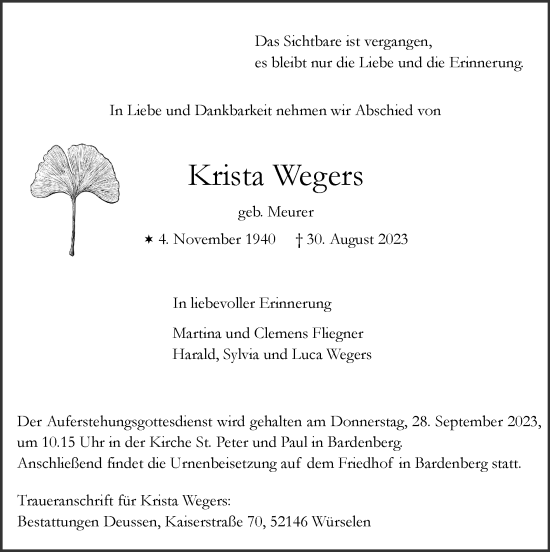 Traueranzeige von Krista Wegers von Zeitung am Sonntag
