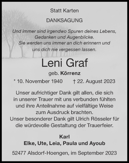 Traueranzeige von Leni Graf von Zeitung am Sonntag