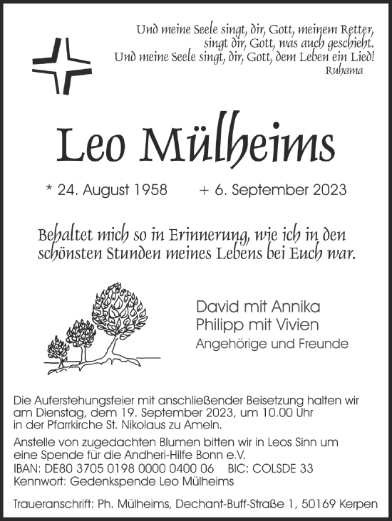 Traueranzeige von Leo Mülheims von Zeitung am Sonntag