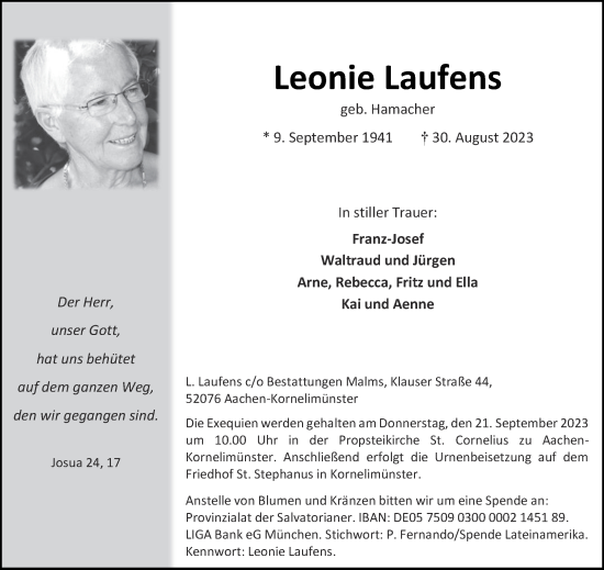 Traueranzeige von Leonie Laufens von Aachener Zeitung