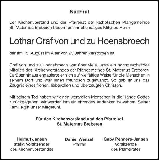 Traueranzeige von Lothar Graf von und zu Hoensbroech von Zeitung am Sonntag