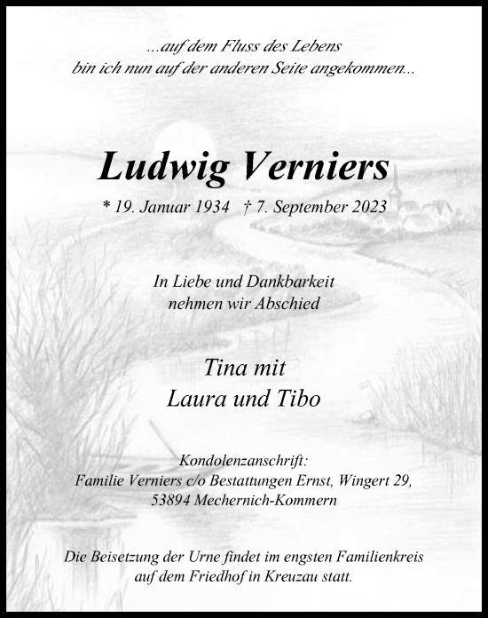Traueranzeige von Ludwig Verniers von Zeitung am Sonntag