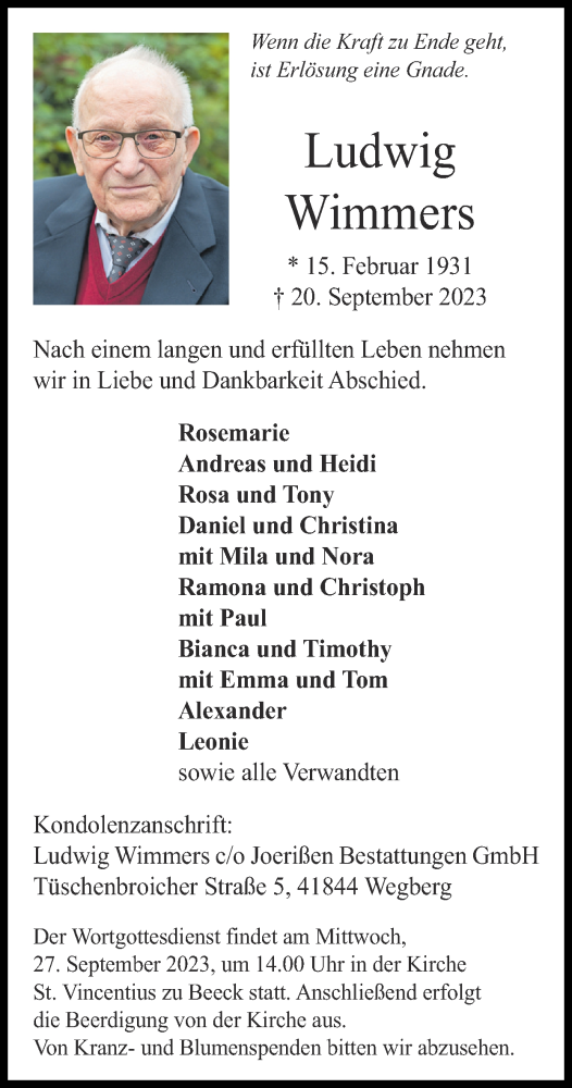 Traueranzeige von Ludwig Wimmers von Zeitung am Sonntag