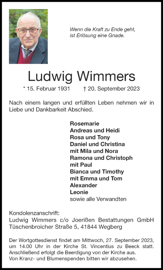 Traueranzeige von Ludwig Wimmers von Aachener Zeitung