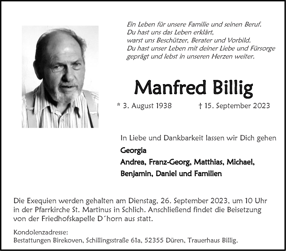  Traueranzeige für Manfred Billig vom 24.09.2023 aus Zeitung am Sonntag