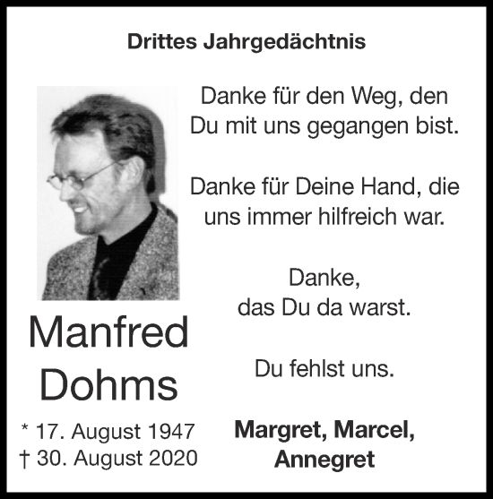 Traueranzeige von Manfred Dohms von Zeitung am Sonntag