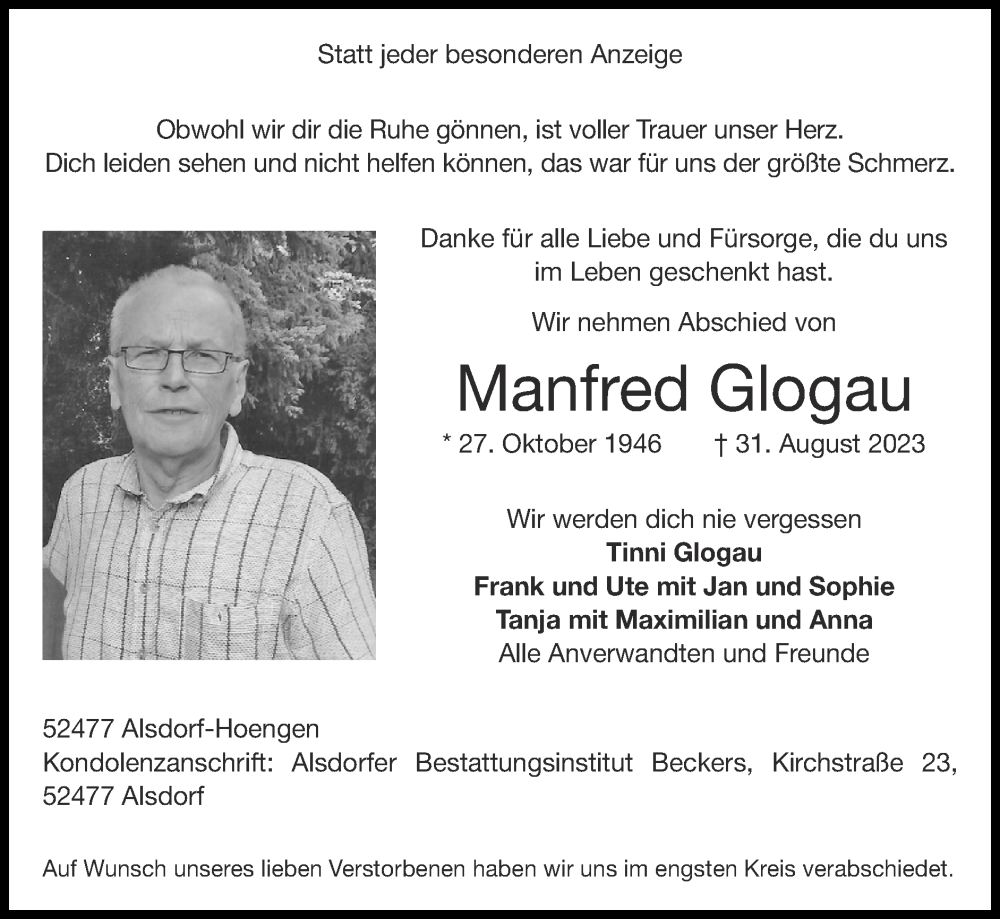  Traueranzeige für Manfred Glogau vom 17.09.2023 aus Zeitung am Sonntag