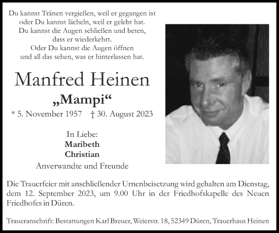 Traueranzeige von Manfred Heinen von Zeitung am Sonntag
