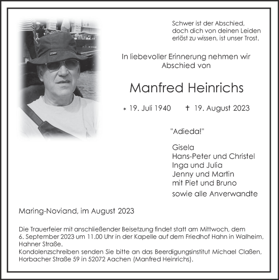 Traueranzeige von Manfred Heinrichs von Zeitung am Sonntag