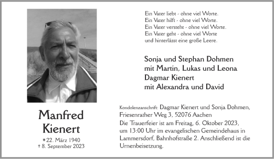 Traueranzeigen von Manfred Kienert Aachen gedenkt