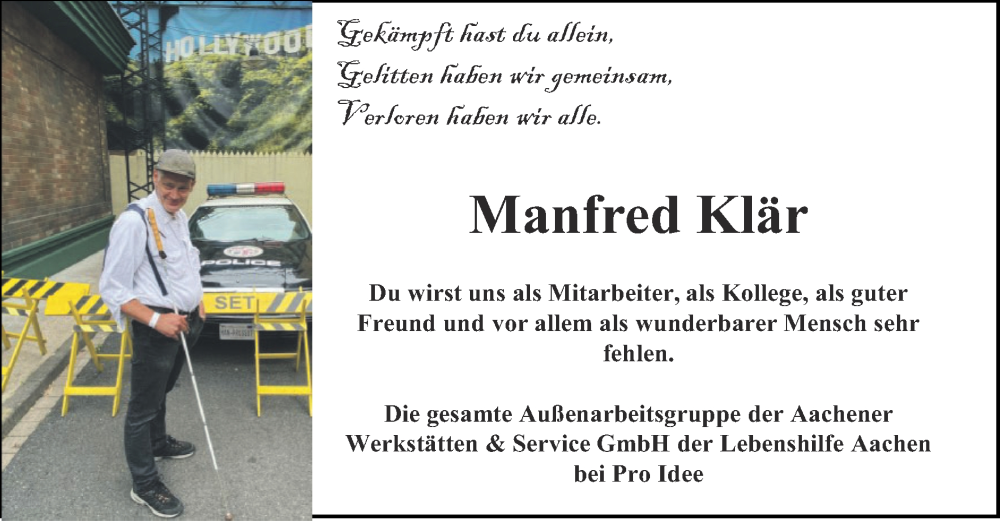  Traueranzeige für Manfred Klär vom 17.09.2023 aus Zeitung am Sonntag