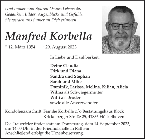 Traueranzeige von Manfred Korbella von Zeitung am Sonntag