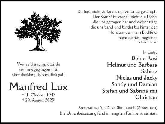 Traueranzeige von Manfred Lux von Zeitung am Sonntag