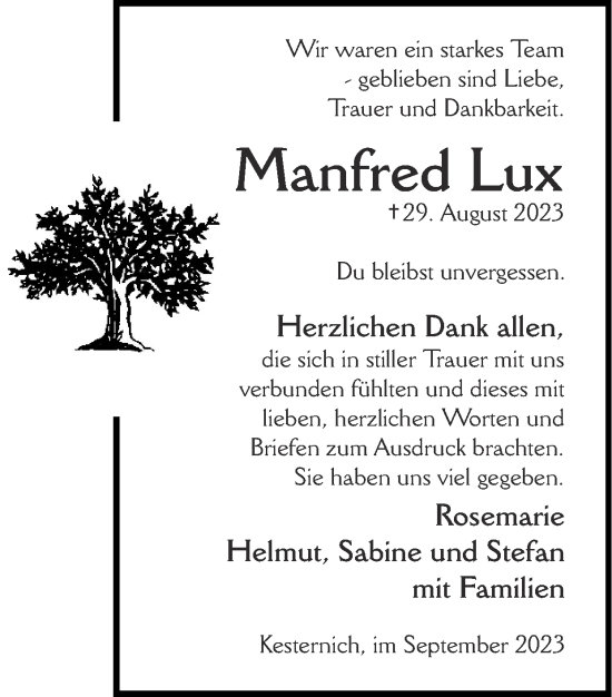 Traueranzeige von Manfred Lux von Zeitung am Sonntag