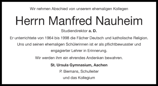 Traueranzeige von Manfred Nauheim von Aachener Zeitung