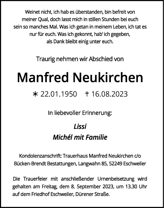 Traueranzeige von Manfred Neukirchen von Zeitung am Sonntag