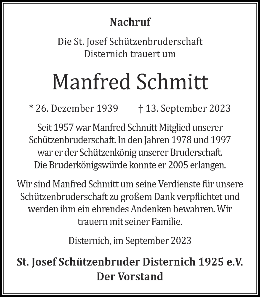 Traueranzeige für Manfred Schmitt vom 24.09.2023 aus Zeitung am Sonntag